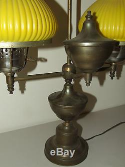 Vintage Brass Victorian Dual Student Piano Table Lamp with Yellow Glass Shades
