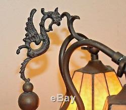 Vintage Bronze with Slag Glass Shades Student Lamp Beautiful