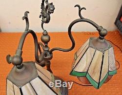 Vintage Bronze with Slag Glass Shades Student Lamp Beautiful