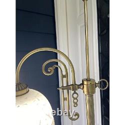 Vintage Brushed Brass Iron White Mottled Glass Hanging Beaded Shade Floor Lamp