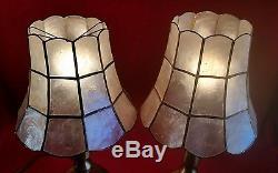 Vintage Capiz Shell Brass Table Lamps Shades Pair Boudor Bell Scallop Panel