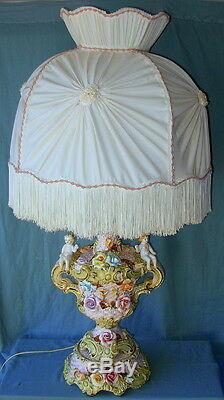 Vintage Capodimonte Porcelain Cherubs and Flowers Lamp & Beautiful Button Shade
