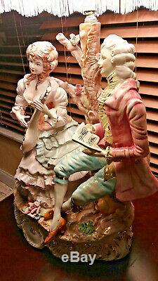 Vintage Capodimonte Victorian Porcelain Table Lamp Pair Figurine & Shade Huge