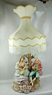 Vintage Capodimonte Victorian Porcelain Table Lamp Pair Figurine & Shade Huge
