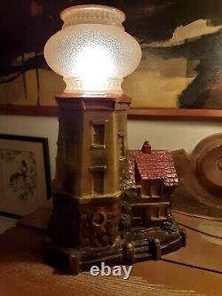 Vintage Carnival Chalkware Lighthouse LampColors! Stunning Glass Gold Shade