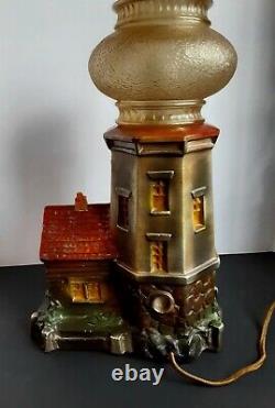 Vintage Carnival Chalkware Lighthouse LampColors! Stunning Glass Gold Shade