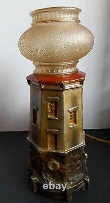 Vintage Carnival Chalkware Lighthouse LampColors! Stunning Glass Gold Shade