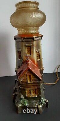 Vintage Carnival Chalkware Lighthouse LampColors! Stunning Glass Gold Shade