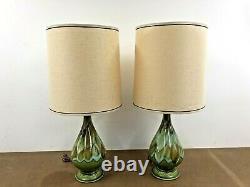 Vintage Ceramic TABLE LAMP PAIR w Shades mid century modern green drip glaze set