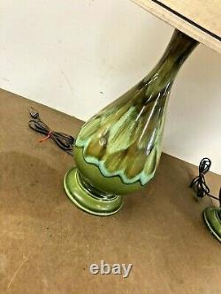 Vintage Ceramic TABLE LAMP PAIR w Shades mid century modern green drip glaze set