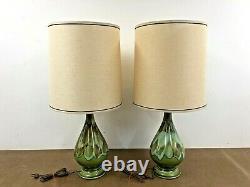 Vintage Ceramic TABLE LAMP PAIR w Shades mid century modern green drip glaze set