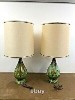 Vintage Ceramic TABLE LAMP PAIR w Shades mid century modern green drip glaze set