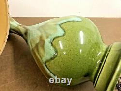 Vintage Ceramic TABLE LAMP PAIR w Shades mid century modern green drip glaze set