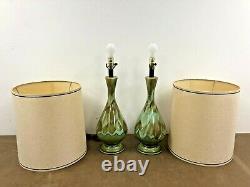 Vintage Ceramic TABLE LAMP PAIR w Shades mid century modern green drip glaze set
