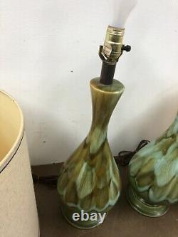 Vintage Ceramic TABLE LAMP PAIR w Shades mid century modern green drip glaze set