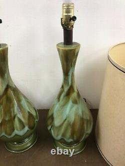 Vintage Ceramic TABLE LAMP PAIR w Shades mid century modern green drip glaze set