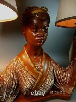 Vintage Chalkware 1950's Geisha Woman Asian Plaster Lamp with 2 Shade J. Farkas
