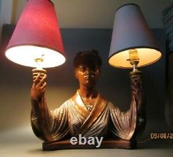 Vintage Chalkware 1950's Geisha Woman Asian Plaster Lamp with 2 Shade J. Farkas