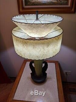Vintage Chalkware Plaster FIBERGLASS SHADES TABLE LAMPS LIME GREEN