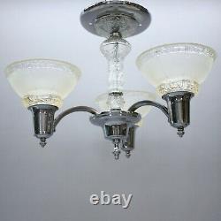 Vintage Chandelier Lamp Ceiling Nickle Chrome 3-arm Light Fixture Glass Shades