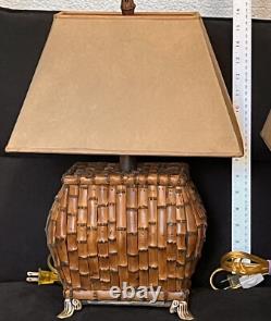 Vintage Chinoiserie Asian Rectangle Bamboo Tiki Table Pair Of Lamps