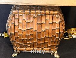 Vintage Chinoiserie Asian Rectangle Bamboo Tiki Table Pair Of Lamps