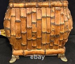 Vintage Chinoiserie Asian Rectangle Bamboo Tiki Table Pair Of Lamps