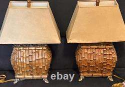 Vintage Chinoiserie Asian Rectangle Bamboo Tiki Table Pair Of Lamps