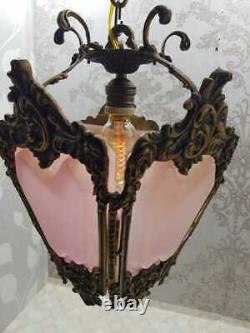 Vintage Classic Ornate Victorian BRASS PINK PANTHER SHADES LAMP CEILING FIXTURE