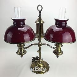 Vintage Converted Double Oil Table Lamp Brass Adjustable Burgundy Shades