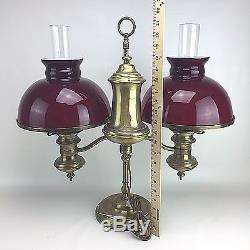 Vintage Converted Double Oil Table Lamp Brass Adjustable Burgundy Shades