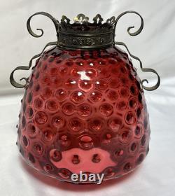 Vintage Cranberry Hobnail Glass Shade 7D 4F For Hanging Pull Down Oil Lamp