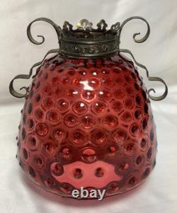 Vintage Cranberry Hobnail Glass Shade 7D 4F For Hanging Pull Down Oil Lamp