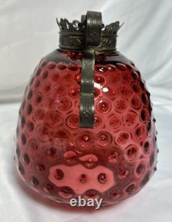 Vintage Cranberry Hobnail Glass Shade 7D 4F For Hanging Pull Down Oil Lamp