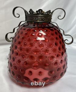 Vintage Cranberry Hobnail Glass Shade 7D 4F For Hanging Pull Down Oil Lamp