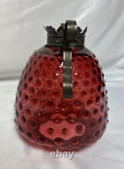 Vintage Cranberry Hobnail Glass Shade 7D 4F For Hanging Pull Down Oil Lamp