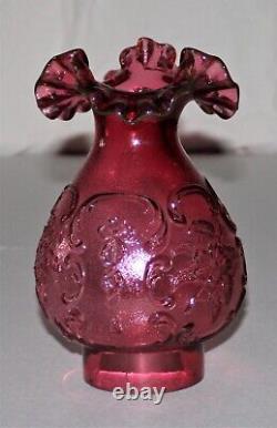 Vintage Cranberry Red Glass Lamp Shade Ruffle Top 3 Fitter Victorian Floral