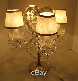 Vintage Crystal Adorned 4 Light Table Lamp Candelabra Shades Prisms 19 x 16