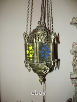 Vintage Cut Brass Color insert Middle Eastern Hanging Pendant Lamp Light Plug In