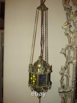 Vintage Cut Brass Color insert Middle Eastern Hanging Pendant Lamp Light Plug In