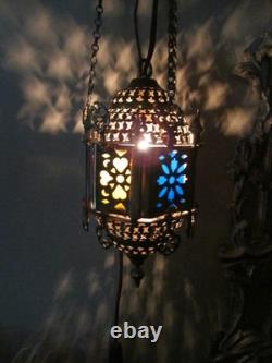 Vintage Cut Brass Color insert Middle Eastern Hanging Pendant Lamp Light Plug In
