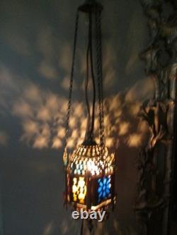 Vintage Cut Brass Color insert Middle Eastern Hanging Pendant Lamp Light Plug In