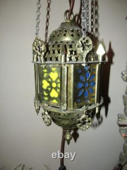 Vintage Cut Brass Color insert Middle Eastern Hanging Pendant Lamp Light Plug In