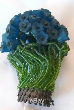 Vintage Czech Bohemian Blue Roses & Beaded Art Glass Bulb Cover Lamp Shade