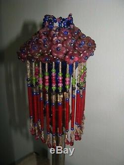 Vintage Czech Crystal Beaded Light Bulb Cover Pink Flowers Floral Lamp Shade EX