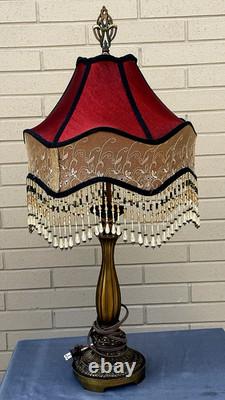 Vintage Dale Tiffany Lamp Red Maroon Silk Beaded Lace Lamp Shade