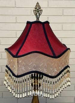 Vintage Dale Tiffany Lamp Red Maroon Silk Beaded Lace Lamp Shade