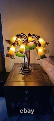 Vintage Dale Tiffany Tulip Table Lamp Lily Pad Base Art Glass Shades Amber Green