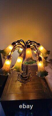Vintage Dale Tiffany Tulip Table Lamp Lily Pad Base Art Glass Shades Amber Green