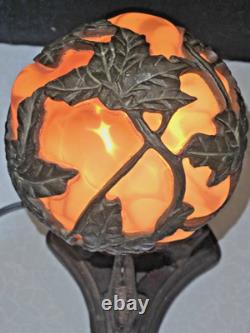 Vintage Deco Art Nouveau Tiffany Inspired Cast Metal Caged Glass Lamp -Divine